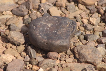 A close-up view of a black stone on the ground