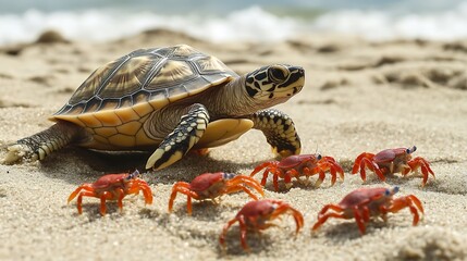 A stuffed turtle racing with hermit crabs along the sand