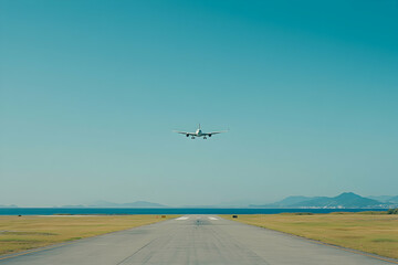 Commercial aircraft on final approach to a runway against a clear blue sky