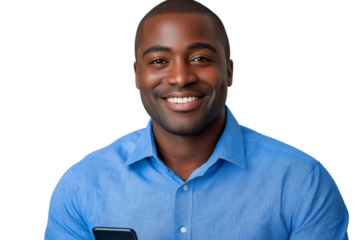 Smiling young African American businessman in a white shirt against a wh  , no background, transparent background , PNGite background