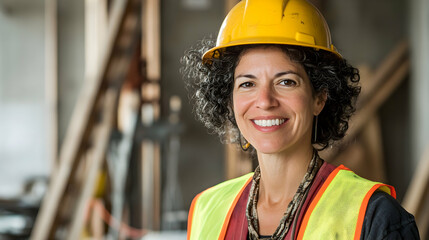 Female construction worker in a yellow hard hat smiling against an industrial background