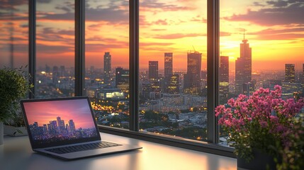 Naklejka na ściany i meble Laptop sunset city view office work