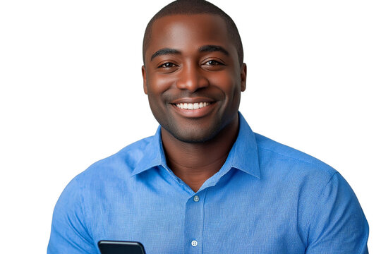 Smiling young African American businessman in a white shirt against a wh  , no background, transparent background , PNGite background