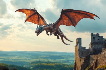 Fototapeta premium Majestic dragon soaring above ancient castle ruins under an overcast sky