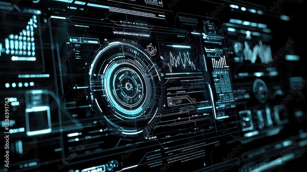 Poster futuristic digital interface with data visualization and analytics tools