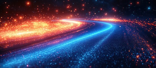 Obraz premium Glowing cosmic road, blue and orange energy trails in space.
