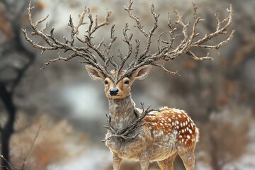 Majestic stag with antlers resembling tree branches stands in a misty forest during early morning light