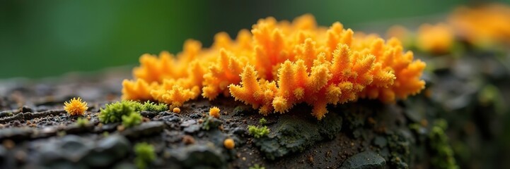 Fototapeta premium Closeup of orange wood with fuzzy orange mold, fungus growth, orange fungi, green mould