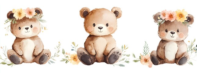 Naklejka premium Three charming bears decorated with flowers livening up any space with joy