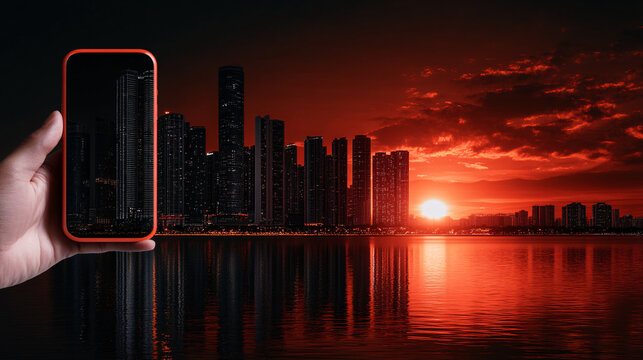 hand holding smartphone captures vibrant city skyline at sunset, reflecting red hues on water. scene evokes sense of urban beauty and tranquility