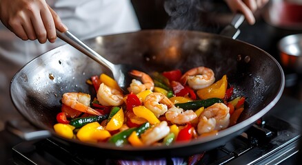Individual enthusiastically cooking food on a stove with passion and skillful techniques