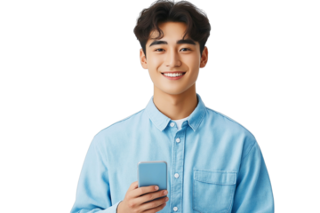 Handsome young businessman smiling and holding his mobile phone , no background, transparent background , PNG