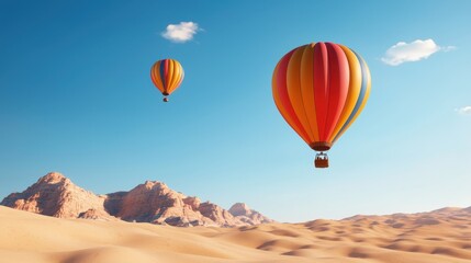 Obraz premium Canyon National Park Landscape desert concept. Two colorful hot air balloons soar above a vast desert landscape under a clear blue sky, creating a serene and adventurous atmosphere.