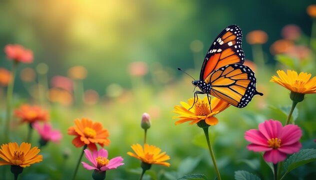 Butterflies flitting around a colorful patch of wildflowers, butterflies, colorful