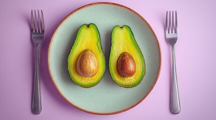 White ceramic plate with avocado oil painting on pastel purple background