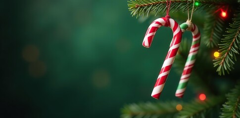 Candy canes with red green white stripes hanging on a Christmas tree branch, holly green red white, candy cane wreath