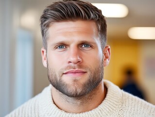 Obraz premium Handsome bearded man in casual sweater posing against blurred indoor background with focused expression exuding confidence masculinity and contemporary lifestyle aesthetics