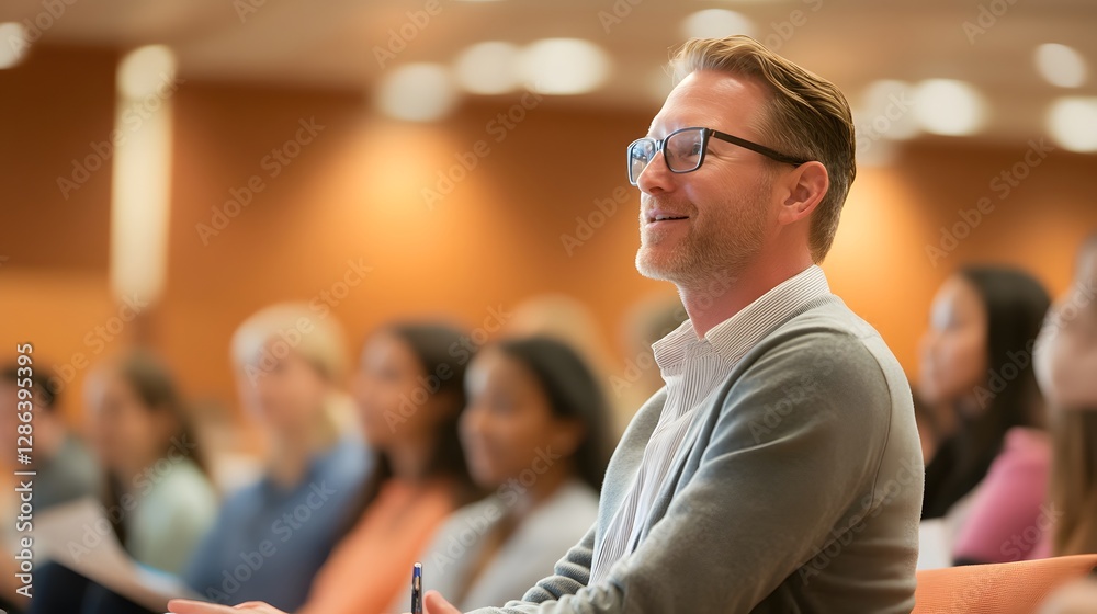 Poster Man Listening Attentively During Group Workshop or Seminar Session