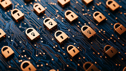 Close up of circuit board with multiple golden padlocks, symbolizing security and protection in technology. intricate design highlights connection between digital security and hardware