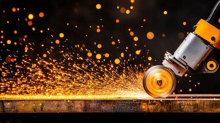 Sparks flying from cutting tool on metal, showcasing precision and power in metalworking. dynamic motion captures energy of process