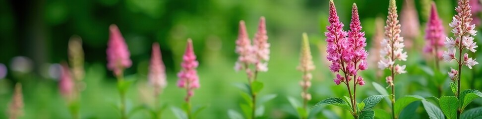 Obraz premium Delicate astilbe flowers in shades of pink and white against a lush green background, garden blooms, foliage