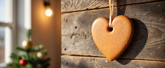 Gingerbread heart hanging on rustic wooden wall, holiday warmth © ChrisKuz