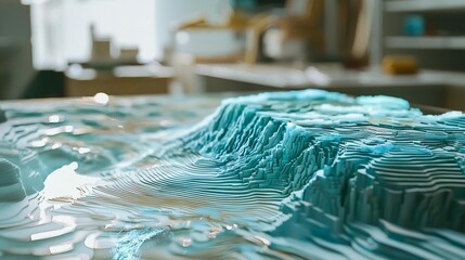 Detailed 3D topographic model of a mountain range on a glass table.