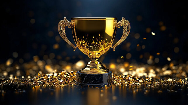 golden trophy cup stands prominently against dark blue background, surrounded by shimmering gold particles, symbolizing achievement and success - Powered by Adobe