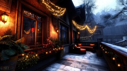 Obraz premium Cozy winter evening on a beautifully decorated porch with glowing lights and lush plants