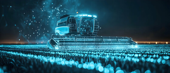 Futuristic combine harvester harvesting digital wheat field at night with neon lights