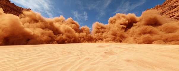 Canyon National Park Landscape desert concept. A dramatic dust storm envelops a sandy landscape under a clear blue sky, showcasing the raw power of nature.