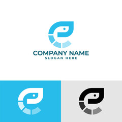 E logo incorporating fish and shrimp shapes. Suggests seafood, ocean, or aquatic life. Minimalist vector, ideal for restaurants, fisheries, or marine businesses.