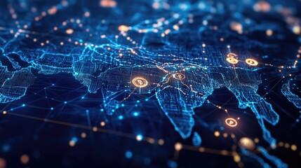 Obraz premium Digital Global Network with Connected Nodes and Geographical Features
