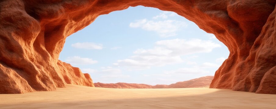 Canyon National Park Landscape desert concept. A stunning desert landscape featuring a natural rock arch, with soft sand and a clear blue sky, evoking a sense of tranquility and wonder.