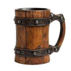 Rustic wooden beer mug with metal accents, inspired by medieval and Viking designs. Ideal for themed parties, reenactments, or home decor.