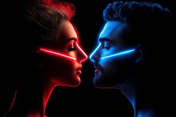 Fototapeta premium Dramatic neon lit conceptual side profile of a man and woman facing each other in deep red and blue tones symbolizing passion desire and emotional intensity in modern artistic photography