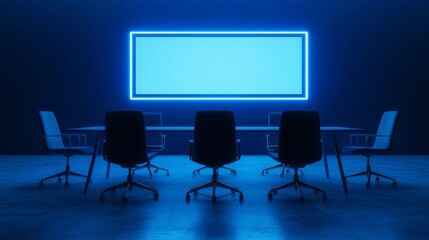 conference concept. Modern conference room with glowing blue screen and chairs.