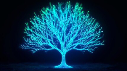 Digital Tree of Knowledge Glowing in Blue, Data Network Concept