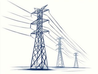 High voltage power lines towering across the sky with intricate metal lattice structure energy transmission infrastructure and electrical grid technology concept in detailed engineering illustration
