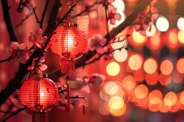 Fototapeta premium Beautiful holiday composition for happy celebrate chinese festival of lanterns, abstract vivid composition consists of fictional unreal fantastic vision on background