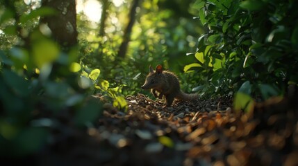 A small marsupial scurrying through a lush forest floor, sunlight filtering through leaves