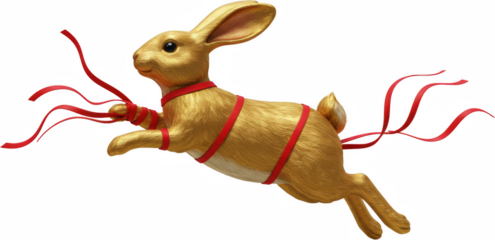 Golden Rabbit Leaping Red Ribbons Festive Easter Chinese New Year