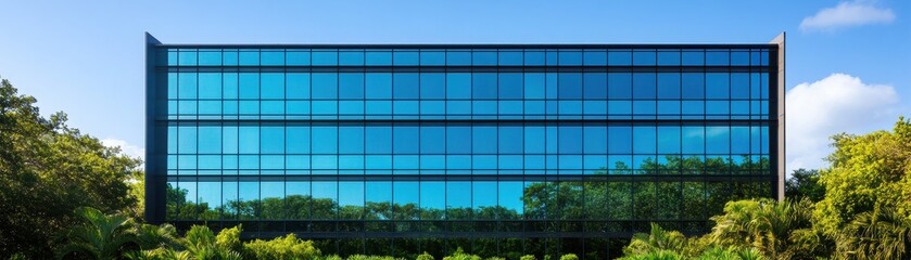 Modern glass building surrounded by lush greenery, showcasing innovative design and integration with nature.