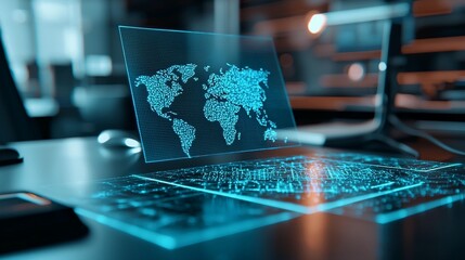 Global network connection displayed on a digital holographic interface in a modern office.