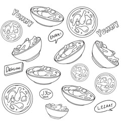 hand drawn doodle illustration of chicken opor, typical Idul Fitri food, typical Indonesian food