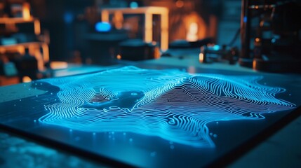 Glowing topographic map displayed on a dark surface in a workshop.