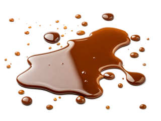 A top view of a glossy brown liquid puddle with scattered droplets, resembling coffee, soy sauce, tea, chocolate, or syrup, isolated on white background