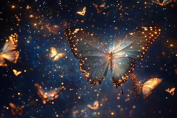 Butterflies illuminate a starry night sky in a mesmerizing display of nature's beauty and magic