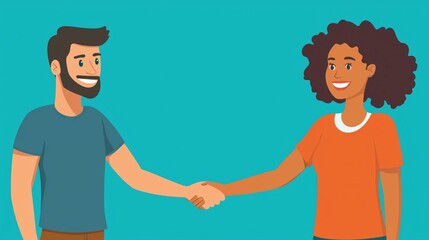 Obraz premium Happy diverse man and woman shaking hands, smiling.