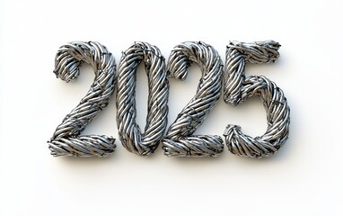 Naklejka premium Of the number 2025 made of braided steel cables with a strong industrial texture and high-polished sheen, isolated on a clean white background